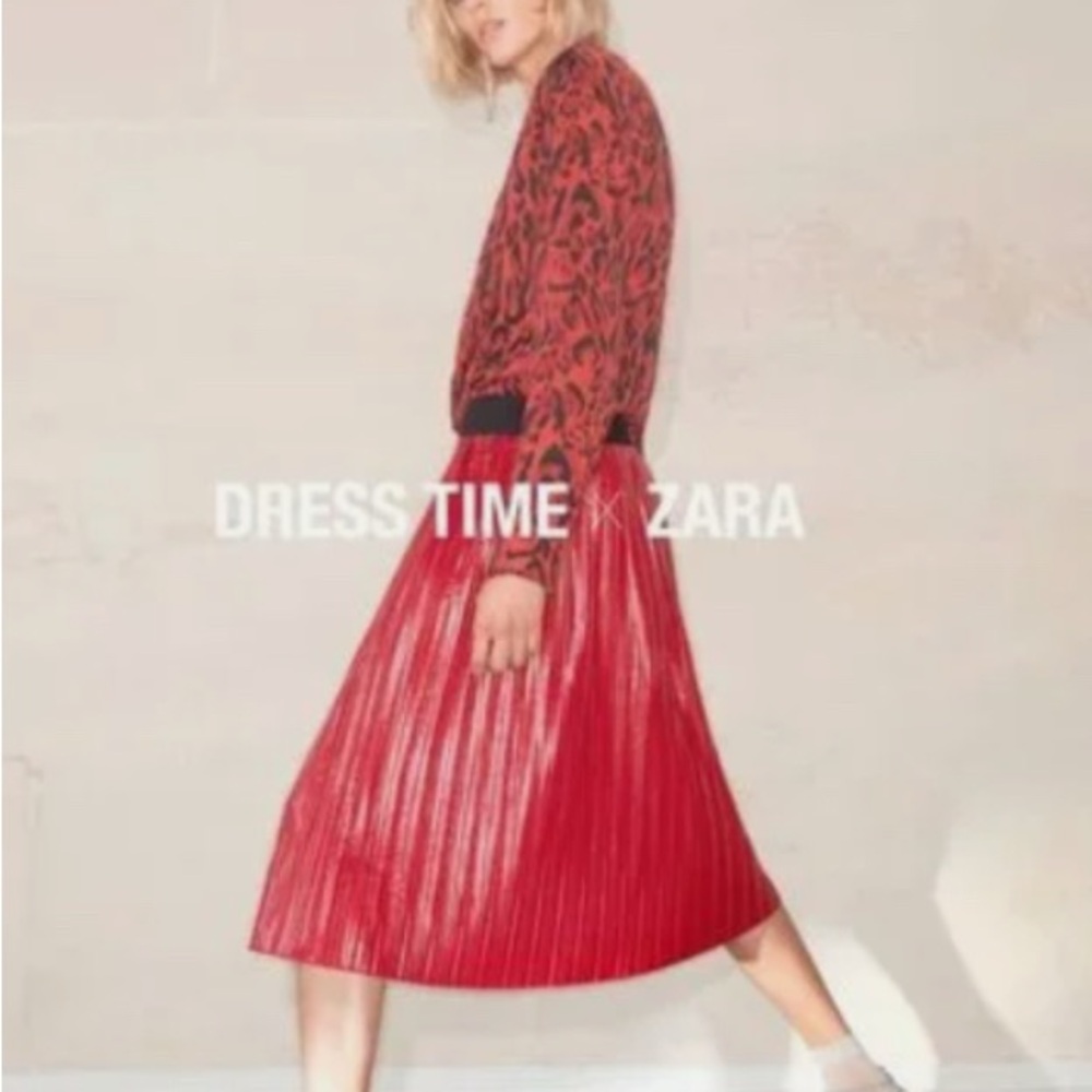 Zara Red Faux Leather Midi Skirt